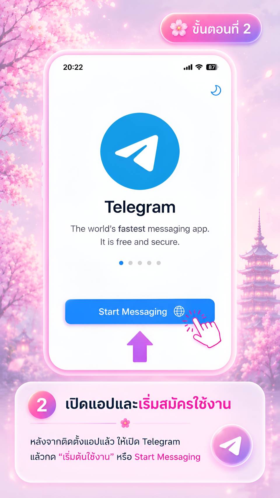 ขั้นตอนที่ 2 กดเริ่มต้นใช้งาน Telegram